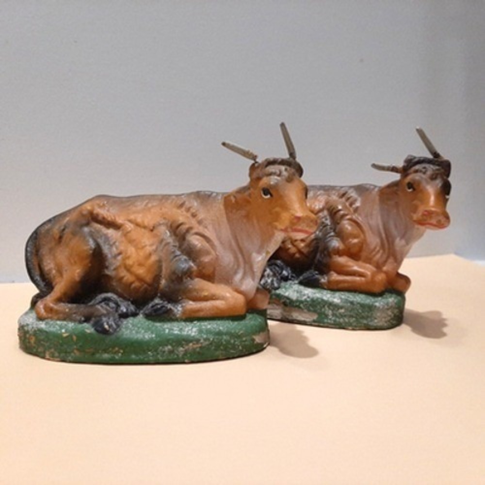 2 Vtg Nativity Cow Spring Horns Chalkware Christmas Figure 4" x 2" lot of 2